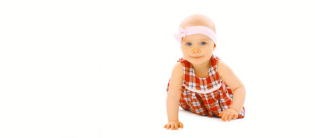 Portrait of cute little baby crawling and playing on floor on white backgroundの写真素材