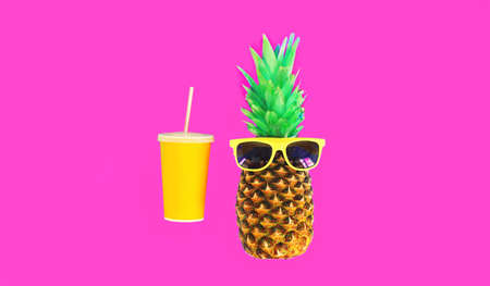 Funny pineapple in sunglasses with cup of juice on pink background