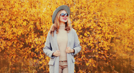 Autumn portrait stylish happy smiling woman wearing gray coat, round hat posing on yellow leaves backgroundの写真素材