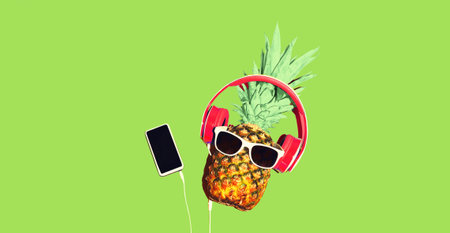 Colorful trendy image of stylish pineapple in wireless headphones listening to music with smartphone on green backgroundの写真素材
