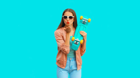 Portrait of cheerful young woman with skateboard on blue background