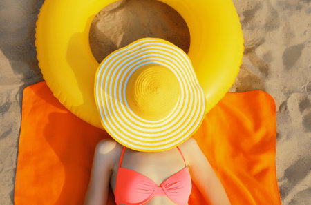 Summer vacation, happy relaxing young woman with straw hat covering her face lying on sand on the beach with swimming inflatable ringの写真素材