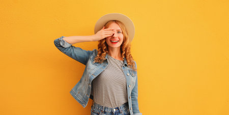 Portrait of beautiful happy surprised smiling young woman covering her eyes wearing summer straw hat, denim jacket on orange studio backgroundの写真素材