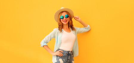 Beautiful young woman posing wearing summer straw hat and shorts on orange backgroundの写真素材