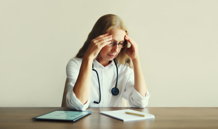 Tired caucasian middle-aged woman doctor working with digital tablet and paper documents while sitting at desk in medical clinic officeの写真素材