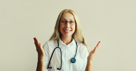 Modern caucasian middle-aged woman doctor looking at camera talking on video call sitting at desk in clinic officeの写真素材