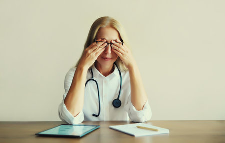 Tired caucasian middle-aged woman doctor working with digital tablet and paper documents while sitting at desk in medical clinic officeの写真素材