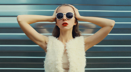 Portrait of modern stylish young woman in white fur vest, glasses, fashionable female model posing on gray silver wall backgroundの写真素材