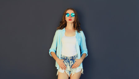 Portrait of stylish modern young woman in glasses, shorts posing on black wall backgroundの写真素材