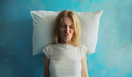 Upset sad crying woman closed her eyes lying on the pillow while experiencing insomnia suffering at homeの写真素材