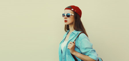 Portrait of stylish young girl in red baseball cap, glasses, modern teenager girl with backpack looking away posing on white wall backgroundの写真素材