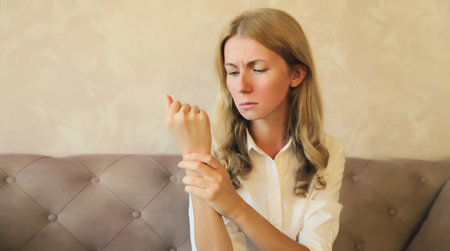 Unhealthy young woman suffers from wrist pain, tunnel syndrome due to working on the computer for a long time, unwell girl touching her hand. Neuralgia and injuries conceptの写真素材