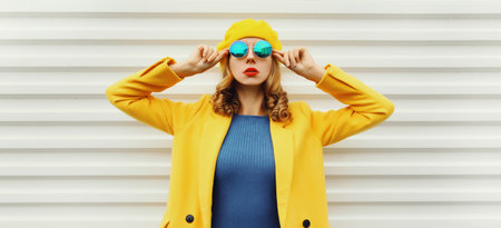 Autumn portrait of beautiful trendy young woman in yellow french beret hat, glasses, stylish girl posing on white backgroundの写真素材