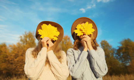 Happy two women friends covering her face with autumn maple yellow leaves, funny girlfriends having...
