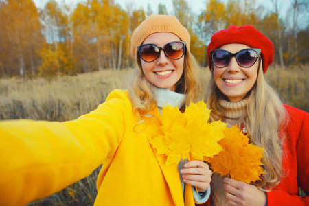 Portrait happy young two women friends taking selfie with smartphone holding autumn yellow leaves, stylish smiling girlfriends in red yellow hat, together outdoors, in warm sunny park, fall seasonの写真素材
