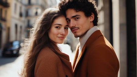 Portrait of beautiful happy smiling young couple together enjoys a walk in sunny cityの素材