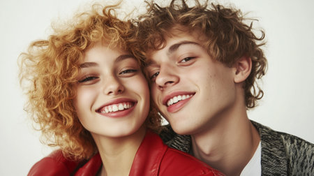 Close-up portrait of modern happy young teenage couple, generation z, woman and man smiles together on white studio backgroundの素材