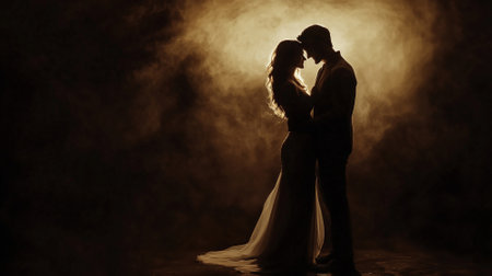 Romantic silhouette of a beautiful young couple embracing on studio background. Elegant woman and man, a passionate and intimate momentの素材