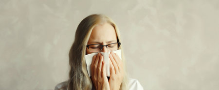 Sick exhausted mature woman sneezing blow nose using tissue, unhealthy suffering girl feels unwell at homeの写真素材