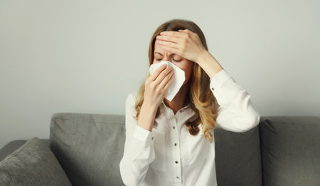 Sick exhausted young woman sneezing blow nose using tissue, unhealthy suffering girl feels unwell sitting on the couch at homeの写真素材
