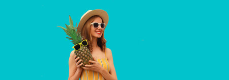 Summer vacation, happy joyful young woman with pineapple fruit in tourist hat, cheerful girl posing on blue studio backgroundの写真素材