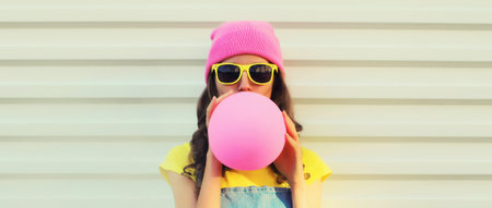 Fashion portrait of stylish cool young woman inflating balloon in colorful clothes, pink hat, yellow sunglasses on white backgroundの写真素材