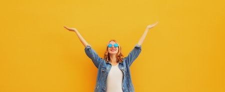 Summer holidays, inspired happy cheerful smiling young woman raising her hands up wearing denim clothing, glasses on colorful yellow backgroundの写真素材