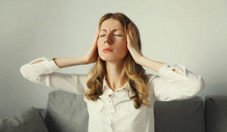 Exhausted tired woman touching head, suffering from headache, stress, fatigue, temples pain, migraine, loud noise, tension sitting on the couch at homeの写真素材