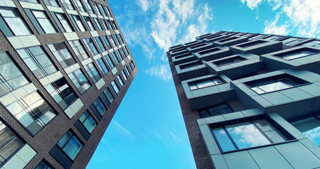 Architecture and real estate, residential apartment building with large panoramic windows, modern complex backgroundの写真素材