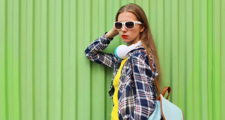 Stylish modern young woman listening to music with headphones in sunglasses, casual clothing, teenage girl posing on city street on green wall backgroundの写真素材