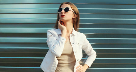 Fashion portrait of beautiful young woman model in white glasses and jacket, stylish modern girl posing on street shiny wall backgroundの写真素材