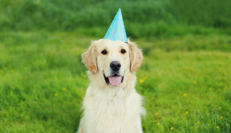 Celebration, Golden Retriever dog in birthday paper cap outdoors sitting on green grass in summer parkの写真素材