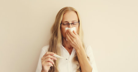 Sick upset caucasian mature woman employee sneezing blow nose using tissue and measuring checking...
