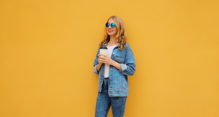 Modern happy smiling young woman with cup of coffee drink looking away in denim jacket posing on...