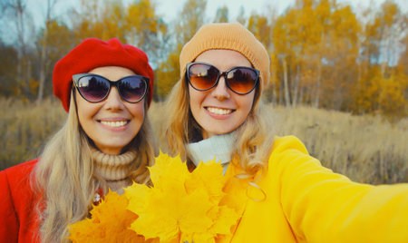 Portrait happy young two women friends taking selfie with smartphone holding autumn yellow leaves, stylish smiling girlfriends in red yellow hat, together outdoors, in warm sunny park, fall seasonの写真素材