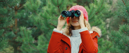 Happy woman tourist looking through binoculars watching birds, wild animals in winter forest, young female hiker enjoying nature, while walking in parkの写真素材