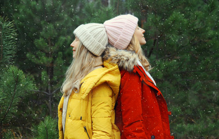 Happy laughing women friends having fun, celebration, joyful girlfriends together on Christmas tree background in winter forest, wearing hat, colorful jacket outdoorsの写真素材