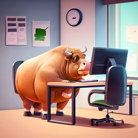 A fat cow is sitting at the office table in front of a computer. Sedentary lifestyle conceptの写真素材