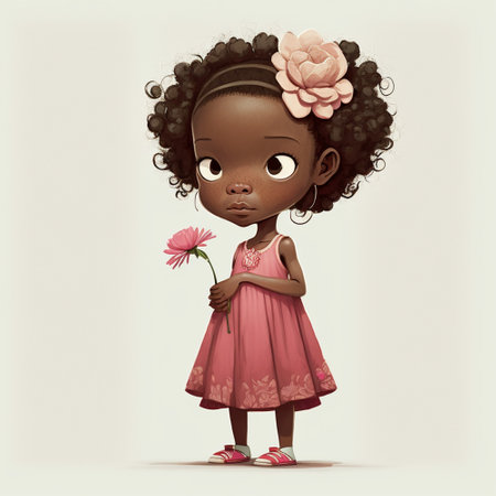 Cute Cartoon African American Girl in a Pink Dress Holding a Flower, Ai generative fileの写真素材