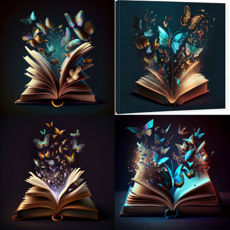 Opened magic fantasy book with magical flying butterflie ai generativeの素材