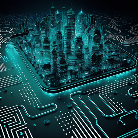 Smart city on circuit board background Futuristic cyber AI GENERATIVEの素材