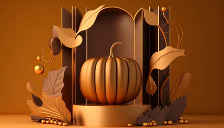 brown background. Podium display with orange pumpkin. Autumn heather nature composition. Cosmetic, beauty product pedestal. Fall, gold stand with shadow (1)の素材