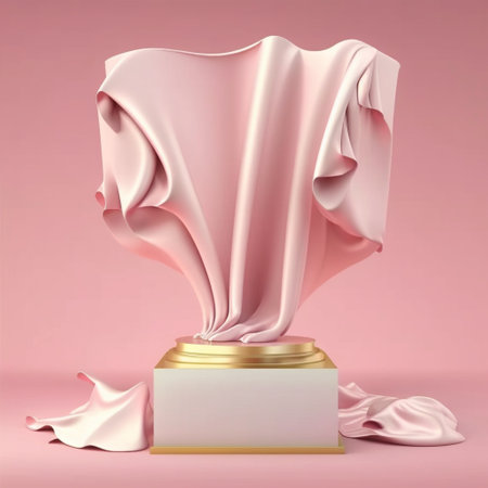3D display podium, pink background with pedestal and flying silk cloth curtain. Nature wind. Beauty, cosmetic product presentation standの素材