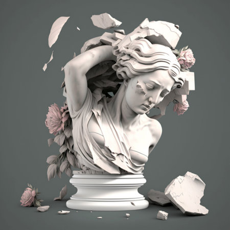 3D Ancient woman Statue, white broken stone. Greek, roman goodness style. Head sculpture pink flowers bouquet on gray background. Nature, Peonies, falling petals (1)の素材