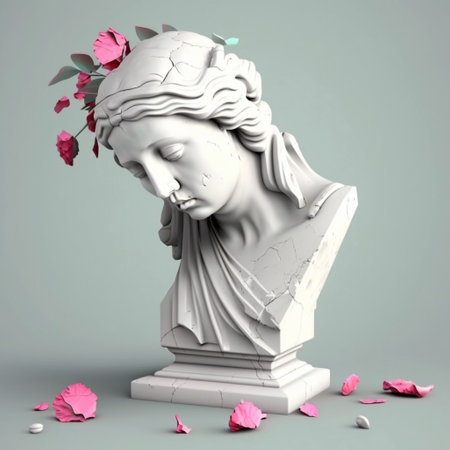 3D Ancient woman Statue, white broken stone. Greek, roman goodness style. Head sculpture pink flowers bouquet on gray background. Nature, Peonies, falling petals (1)の素材