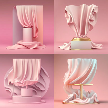 3D display podium, pink background with pedestal and flying silk cloth curtain. Nature wind. Beauty, cosmetic product presentation standの素材