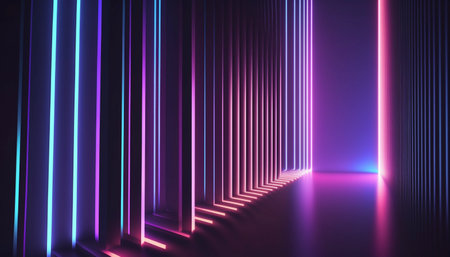 3d render, abstract minimal background, vertical pink blue neon lines, glowing in ultraviolet spectrum. Cyber space. Laser show. Futuristic wallpaperの素材
