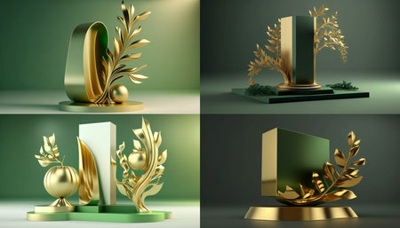3D podium display, Christmas background. Beauty product, cosmetic presentation. Gold, glitter ornament. Nature green Christmas tree branch. New Year studio abstract pedestal (1)の素材