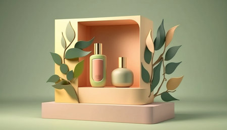 3D podium display, Christmas background. Beauty product, cosmetic presentation. Gold, glitter ornament. Nature green Christmas tree branch. New Year studio abstract pedestal (1)の素材