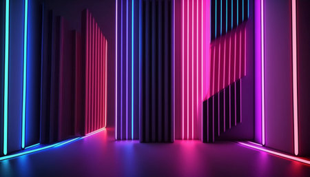 3d render, abstract minimal background, vertical pink blue neon lines, glowing in ultraviolet spectrum. Cyber space. Laser show. Futuristic wallpaperの素材
